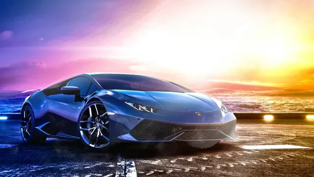 Lamborghini Huracán LP 610-4 on a coastal road at colorful sunset