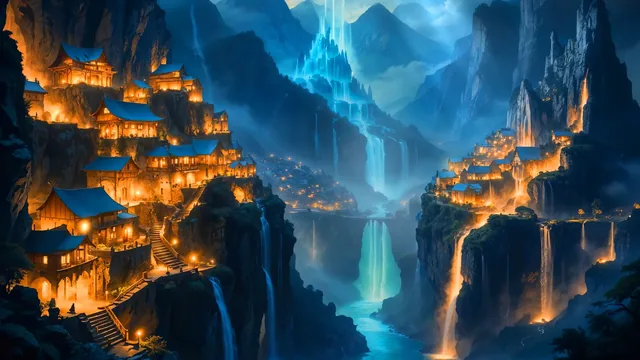 Lantern-lit cliffside village above multiple waterfalls in a vast fantasy valley.