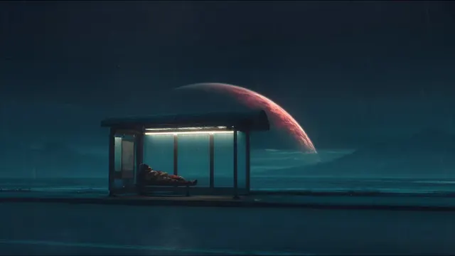 Traveler in a rainy roadside bus shelter beneath a giant red moon