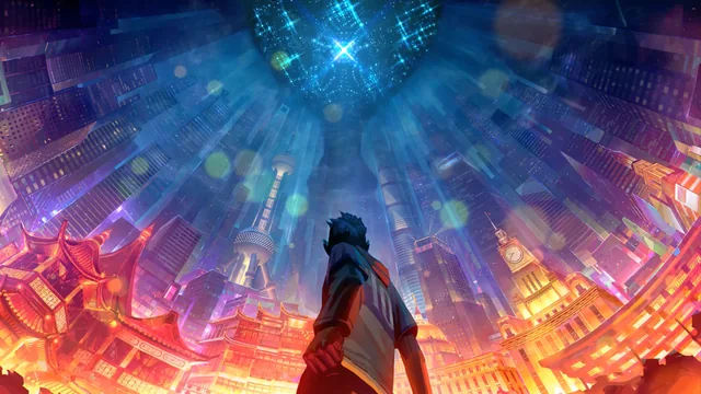 Lone warrior facing a futuristic city and cosmic energy in a League of Legends Worlds scene