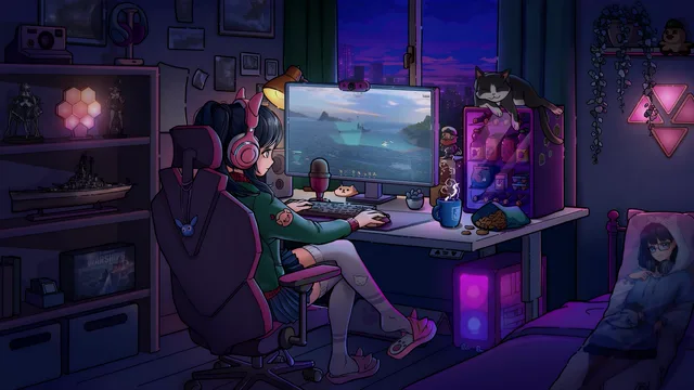 Cozy lo-fi study desk lit by a warm amber lamp beside a hazy evening window