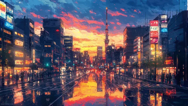 Japanese city street at sunset with neon signs reflected on wet pavement