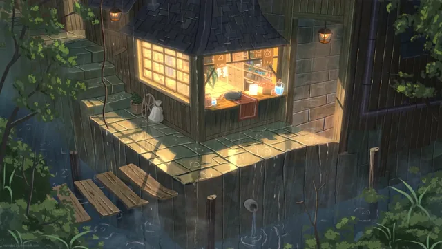 Softly lit café interior at night with warm lamps and neon street reflections visible through rain-streaked glass