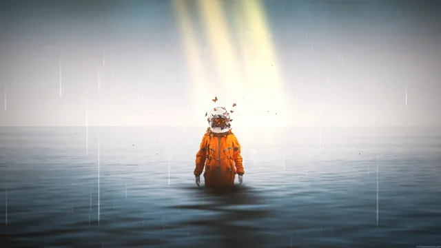 Lone astronaut facing a dreamlike sea in a surreal science-fiction scene