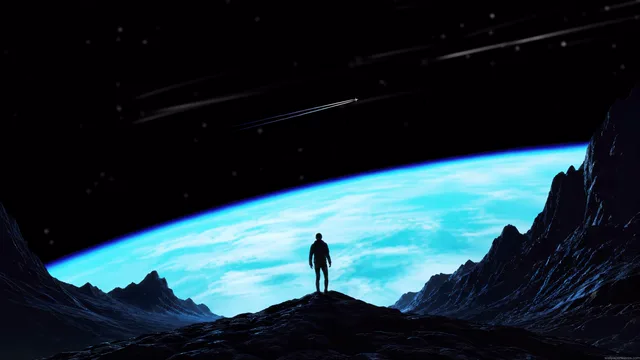 Lone explorer before a cyan planetary horizon and diagonal star trails