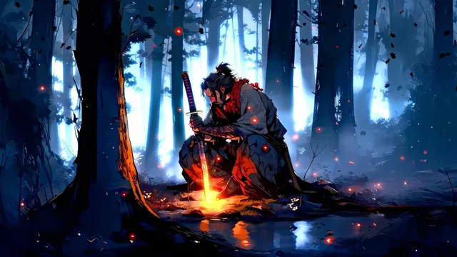 Kneeling samurai beside a glowing katana in a misty moonlit forest