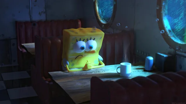 SpongeBob alone at a blue-lit rainy diner table