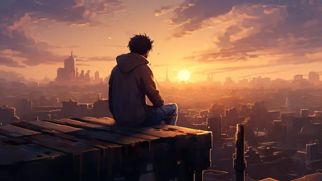 Hooded young man seated on a rooftop overlooking a city at golden sunset
