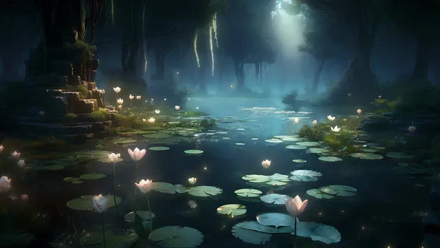 Blooming lotus flowers floating on a still night pond under soft moonlight