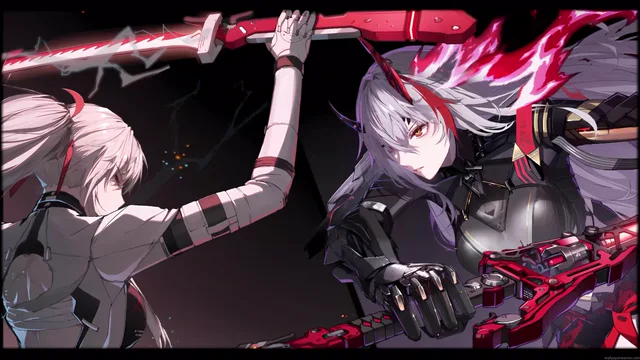 Lucia and a white-haired rival clashing red energy blades