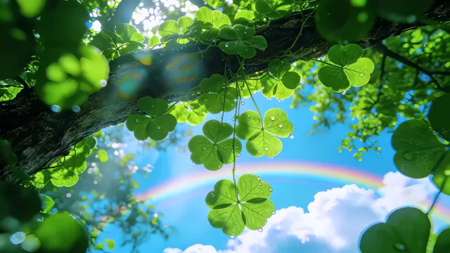 Looking upward through green four-leaf clover leaves beneath a bright sky and rainbow arc