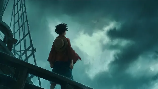 Luffy facing towering storm clouds from a ruined rooftop