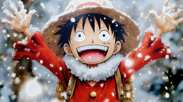 Luffy from One Piece smiling in snow with his signature straw hat dusted white