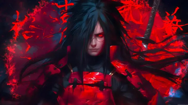 Close portrait of Madara Uchiha with his red Eternal Mangekyo Sharingan
