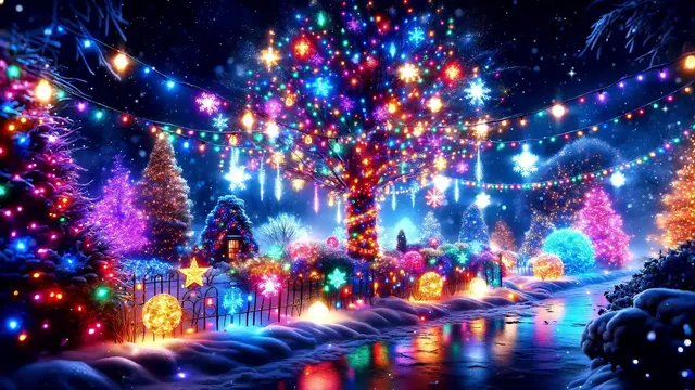 Snowy trees and rooftops covered in colorful holiday lights