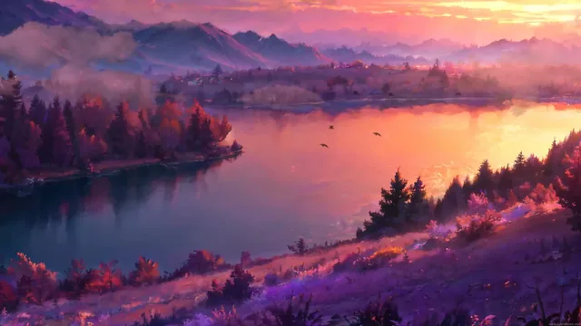 River landscape beneath a warm, colorful sunset sky