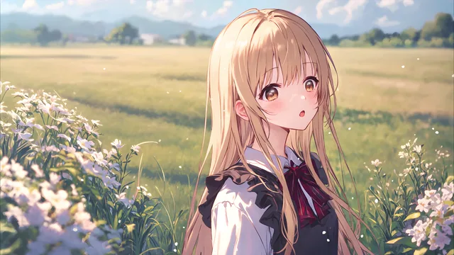 Mahiru Shiina standing in a sunlit wildflower field, golden afternoon light on her blonde hair