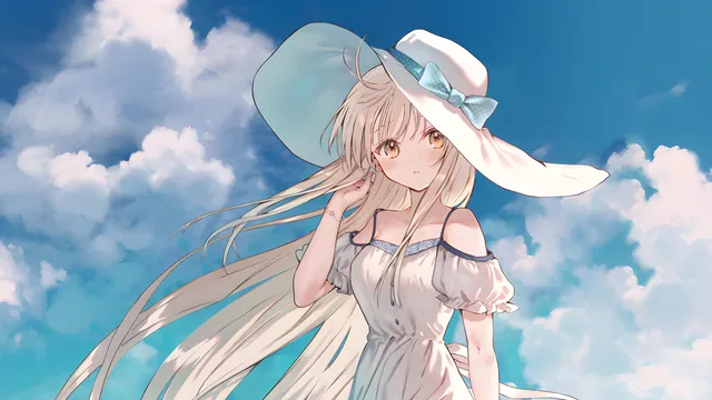 Mahiru Shiina looking up at a wide summer sky with drifting clouds and warm sunlight