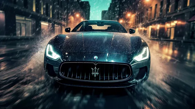 Dark Maserati GranTurismo on wet city streets at night with headlights cutting the rain