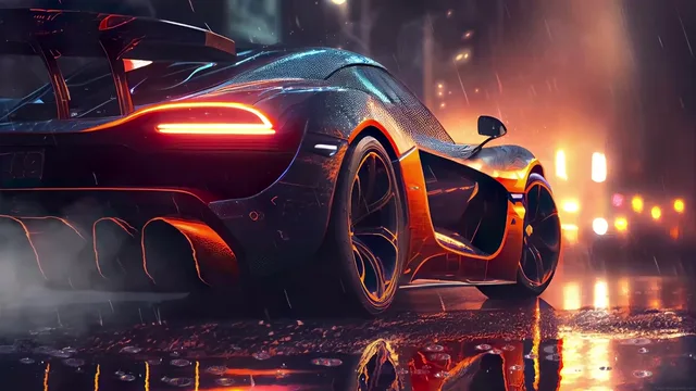 Rear view of a McLaren P1 glowing red and orange in night rain
