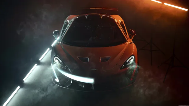 Orange McLaren supercar in rear three-quarter view under warm cinematic lighting