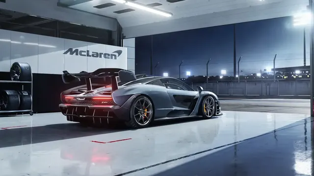 McLaren hypercar waiting in a polished, artificially lit pit garage at night.