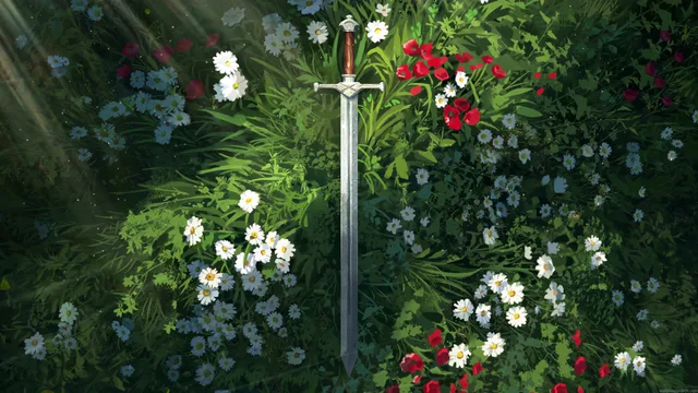 Medieval broadsword planted upright among red roses and white flowers in a lush garden