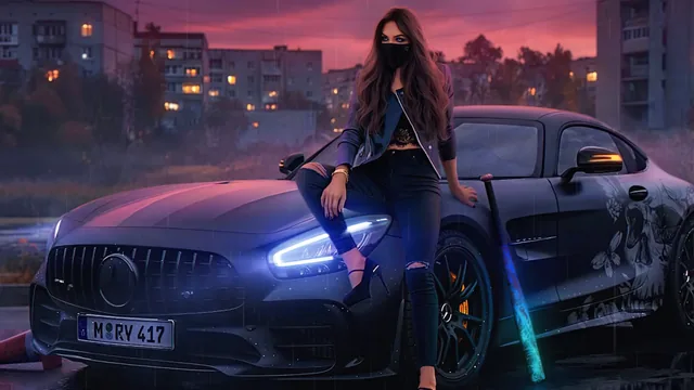 Masked girl beside a Mercedes AMG on a wet neon-lit street