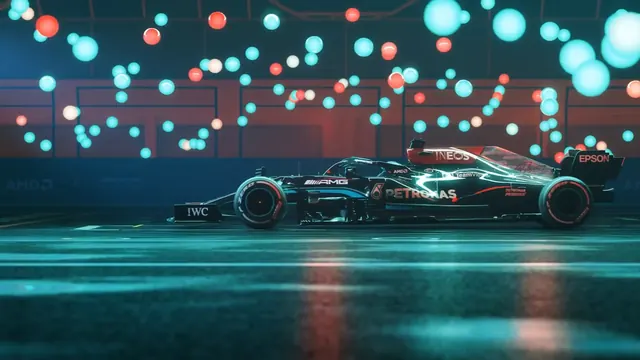 Mercedes-AMG Formula One car in a dark night-mode wallpaper.