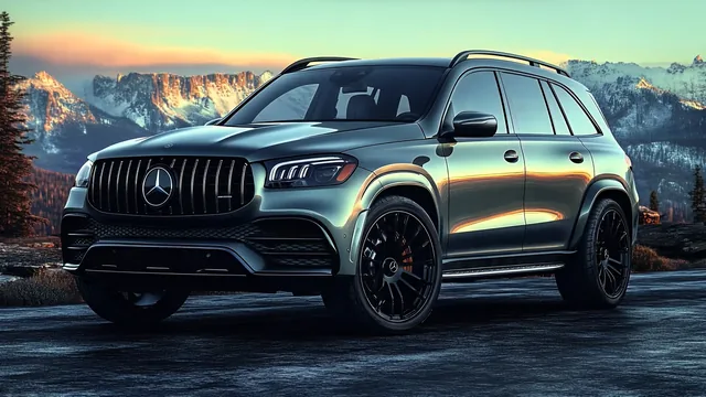 Mercedes-AMG GLS on a road with distant rugged mountains in soft light.
