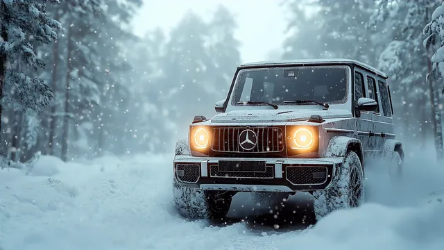 Mercedes-Benz G-Class facing forward in a snowy forest