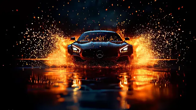 Dark Mercedes surrounded by orange sparks and wet reflections at night