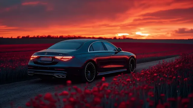 Mercedes S-Class on a quiet road through fields at red-and-gold sunset