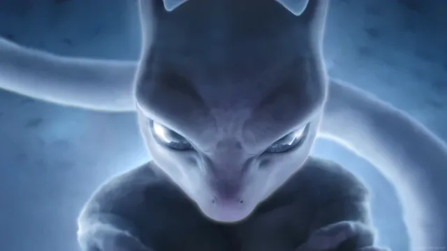 Mewtwo's face emerging from a deep indigo void with subtle blue illumination