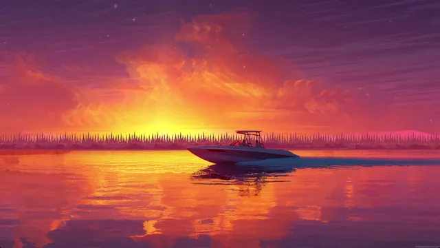 Motorboat on amber water beneath a magenta and gold sunset