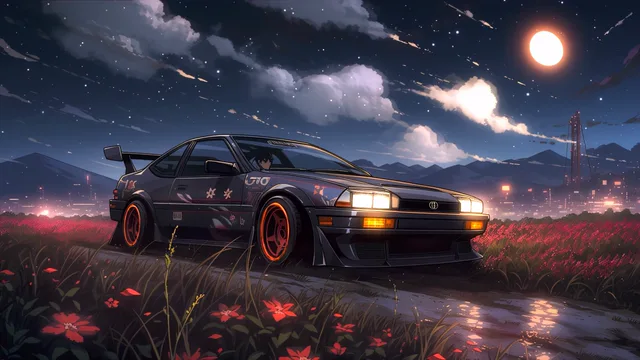 Retro JDM sports car on a moonlit road bordered by crimson flower fields
