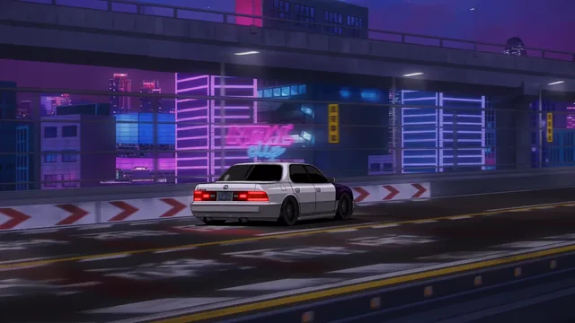 White Lexus driving past violet and blue neon storefronts at night