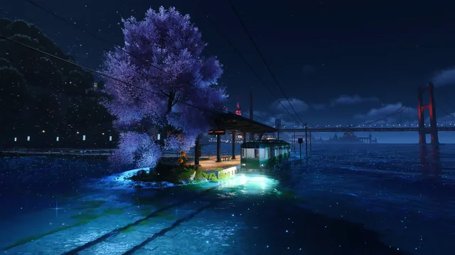 Blue sakura tree beside a midnight train station