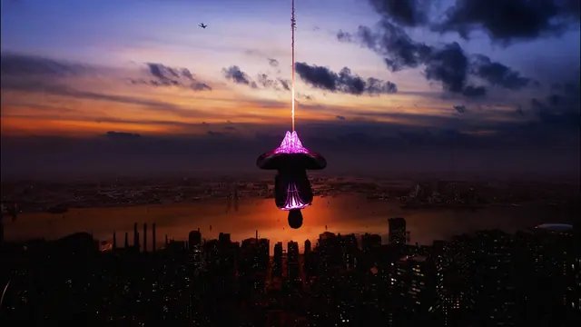 Miles Morales hanging upside down above a waterfront city at sunset