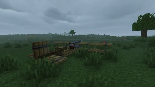 Abandoned Minecraft airplane on a grassy plain beneath rain clouds