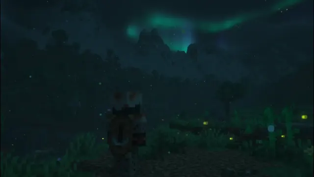 Minecraft figure beneath green aurora and dark mountain silhouettes