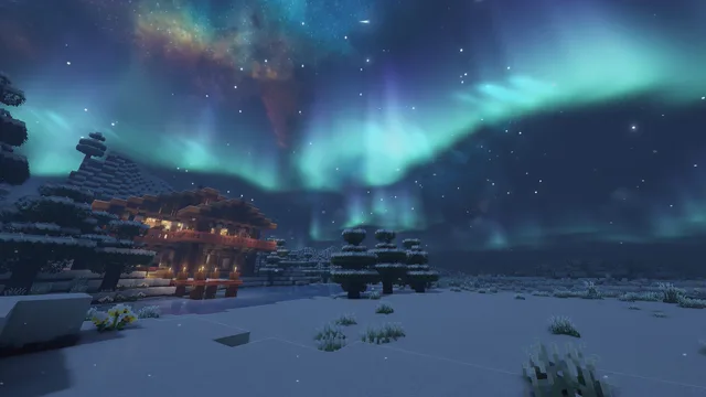 Minecraft-inspired cabin beneath an aurora at night