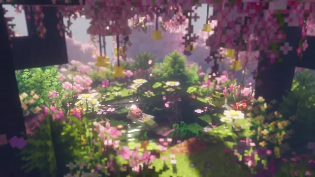 Minecraft garden with cherry blossoms, flowers, and a reflective pond
