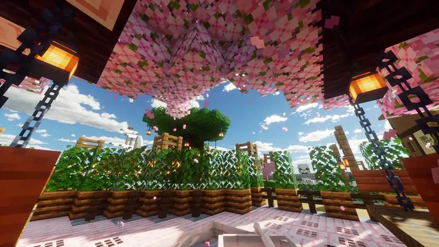 Minecraft garden with pink cherry trees, hedges, and wooden lanterns