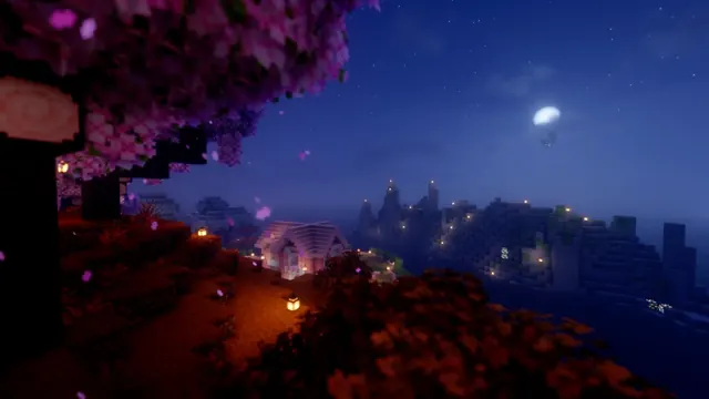 Minecraft cottage and lantern path beneath cherry trees at night