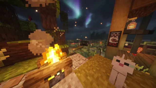 Minecraft treehouse campfire overlooking a village under northern lights