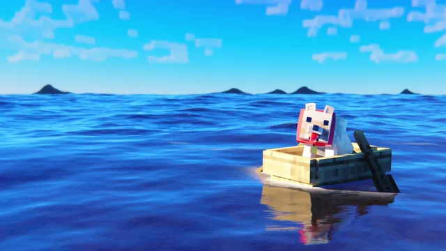Minecraft dog riding a wooden boat across a blue ocean