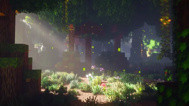 Sunbeams entering a mossy Minecraft forest with scattered flowers