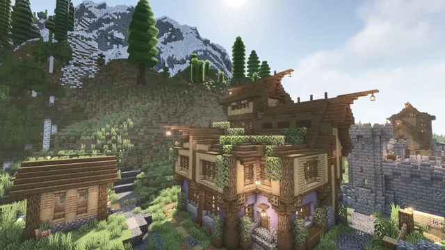 Wooden Minecraft house surrounded by green terrain, flowers and mountain peaks