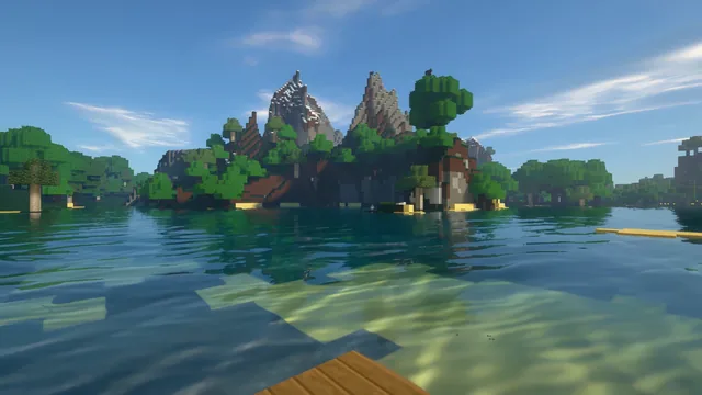 Peaceful tropical Minecraft island surrounded by calm water